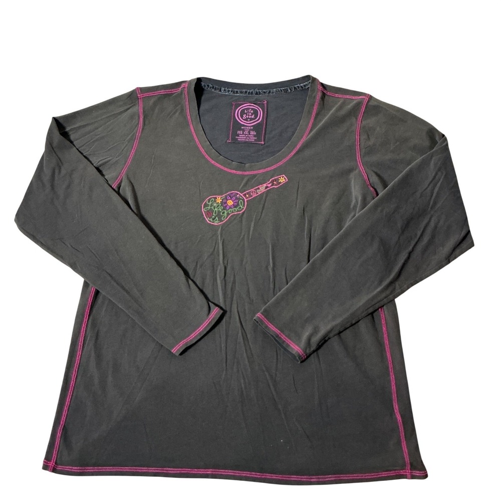 Life is Good Womens XXL Pink Contrast Stitch Guitar Graphic Long Sleeve Tee